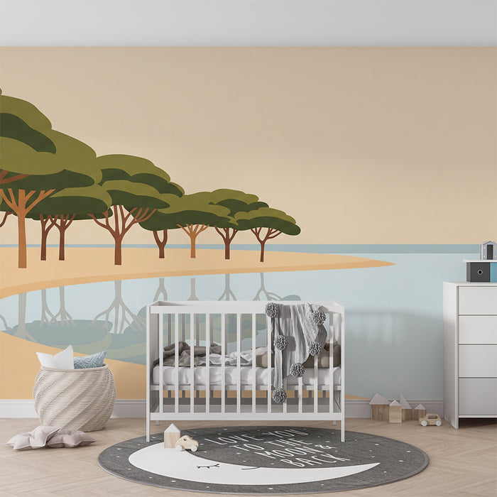 Carta da parati per camera bambini | Riva tranquilla con alberi e riflessi sull'acqua