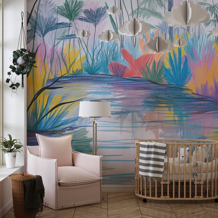 Papier peint chambre enfant | Rivière colorée et végétation éclatante