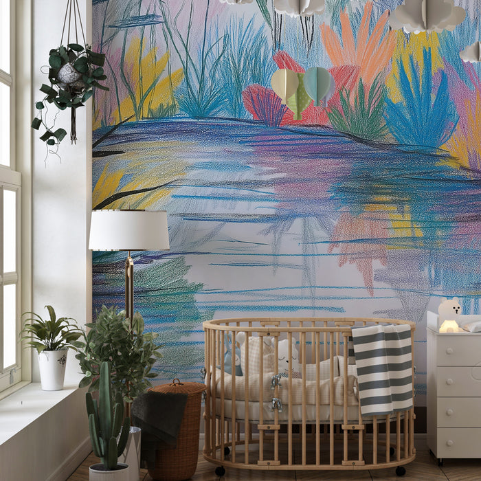 Papier peint chambre enfant | Rivière colorée et végétation éclatante