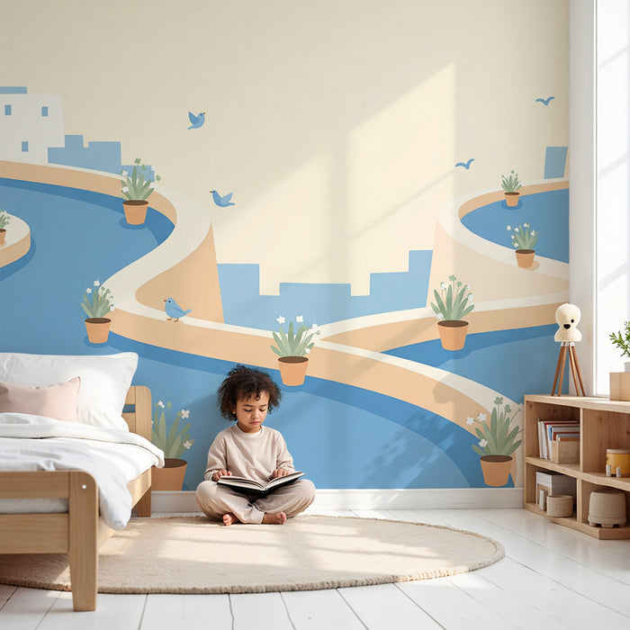 Papier peint chambre enfant | Rivière paisible avec oiseaux et pots de fleurs