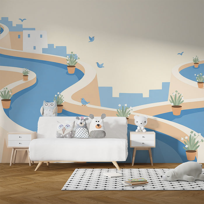 Papier peint chambre enfant | Rivière paisible avec oiseaux et pots de fleurs