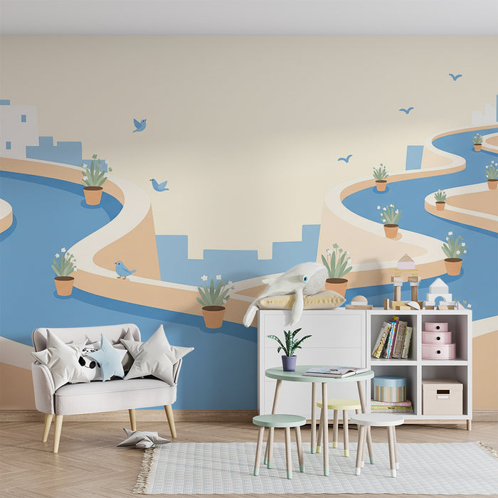Papier peint chambre enfant | Rivière paisible avec oiseaux et pots de fleurs