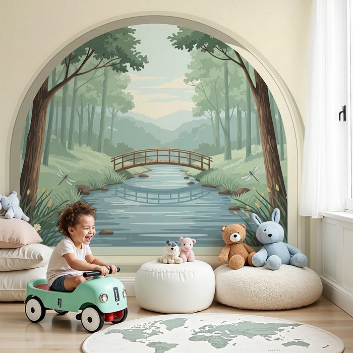 Behang kinderkamer | Rustige rivier met brug en groene natuur