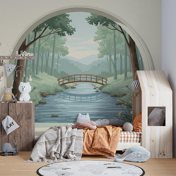 Behang kinderkamer | Rustige rivier met brug en groene natuur