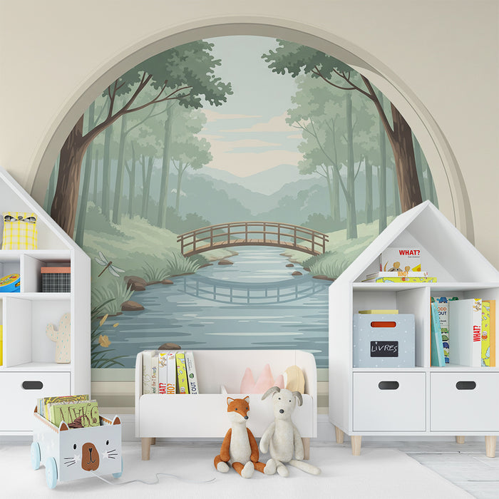 Behang kinderkamer | Rustige rivier met brug en groene natuur