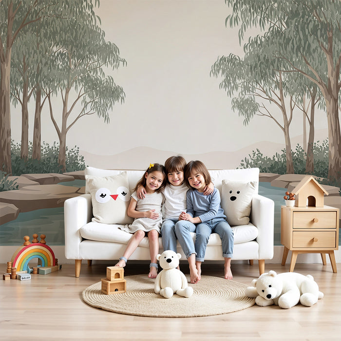 Kids' room wallpaper | Tranquil river surrounded by eucalyptus trees