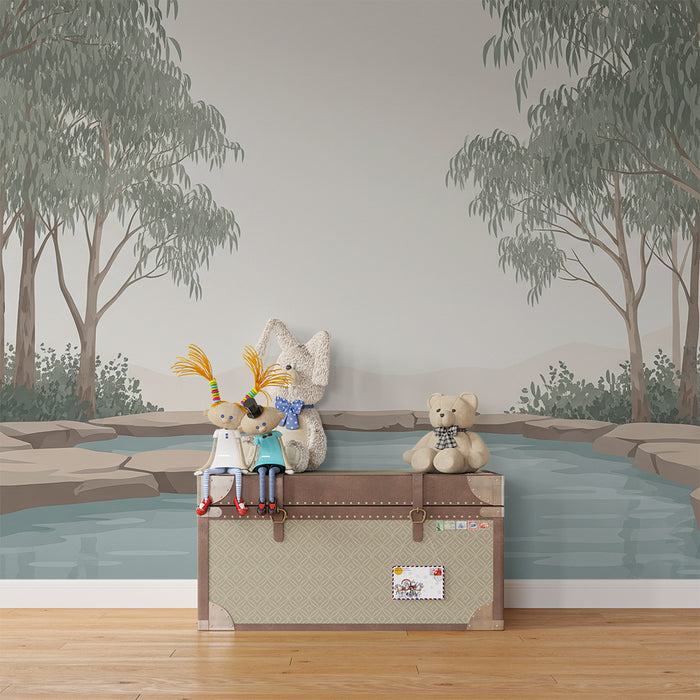 Kids' room wallpaper | Tranquil river surrounded by eucalyptus trees