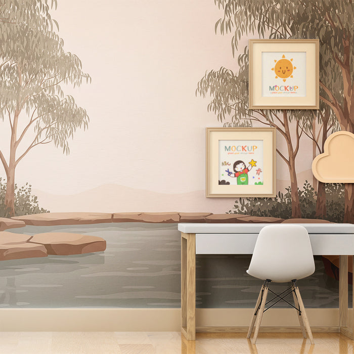 Kids' room wallpaper | Tranquil river surrounded by eucalyptus trees
