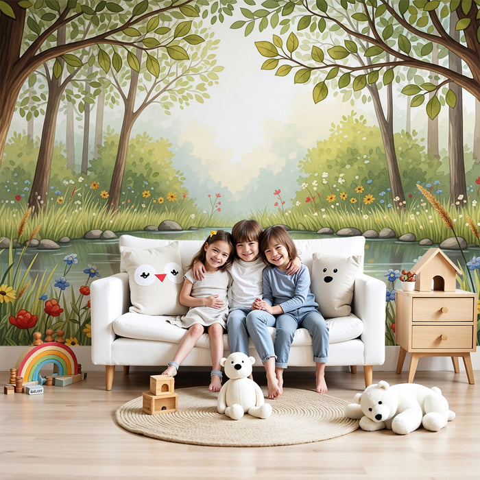 Papel pintado infantil | Río serpenteante entre flores y árboles