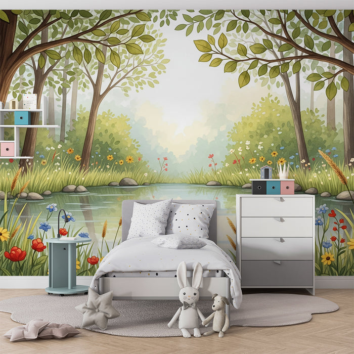 Papel pintado infantil | Río serpenteante entre flores y árboles
