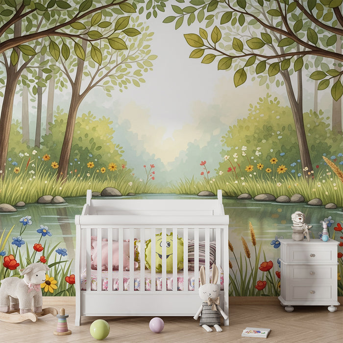 Papel pintado infantil | Río serpenteante entre flores y árboles