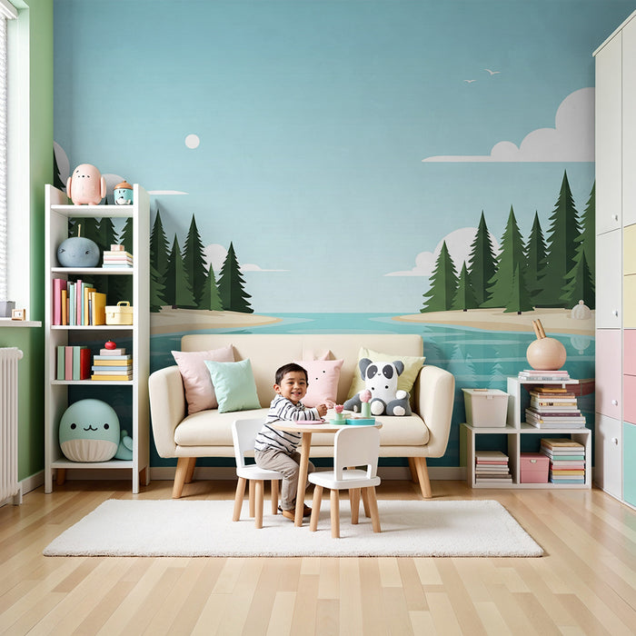Papel pintado infantil | Río tranquilo rodeado de bosques y barcos coloridos