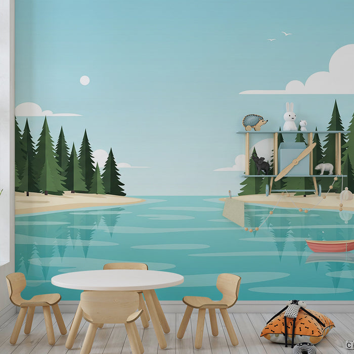 Papel pintado infantil | Río tranquilo rodeado de bosques y barcos coloridos