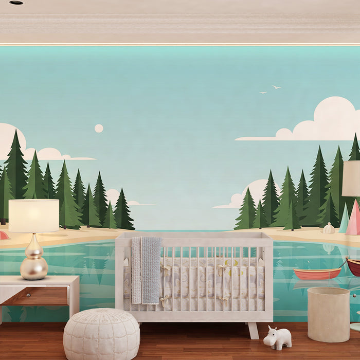Papel pintado infantil | Río tranquilo rodeado de bosques y barcos coloridos