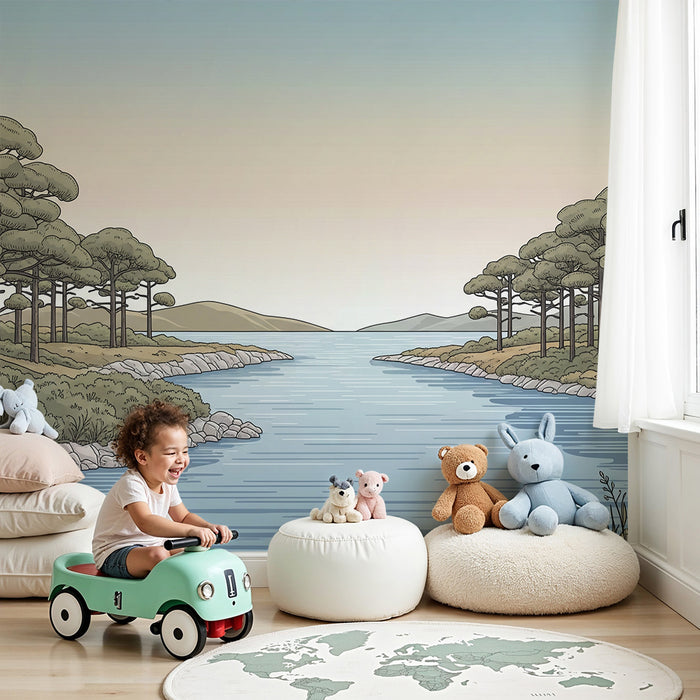 Papier peint chambre enfant | Rivière paisible entourée de pins et de collines
