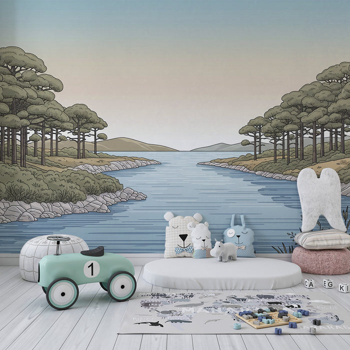 Papier peint chambre enfant | Rivière paisible entourée de pins et de collines