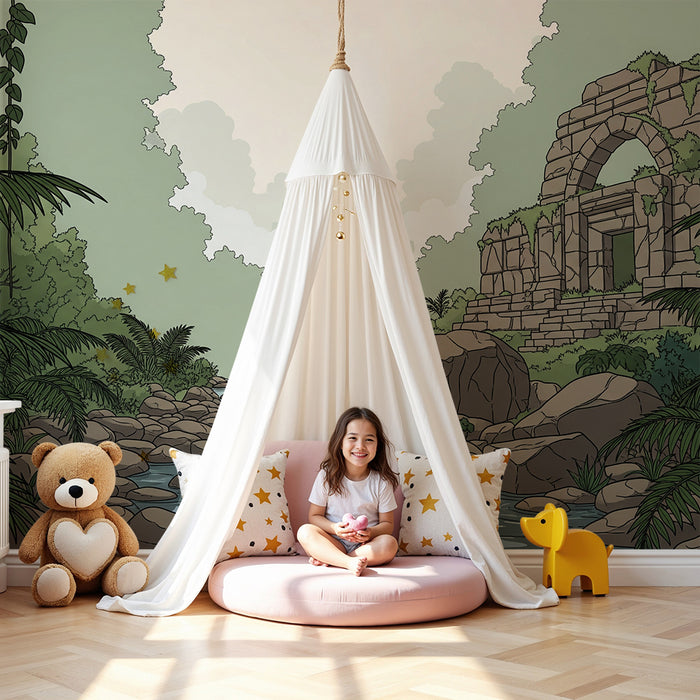 Kids' Room Wallpaper | Peaceful Jungle River with Ancient Ruins