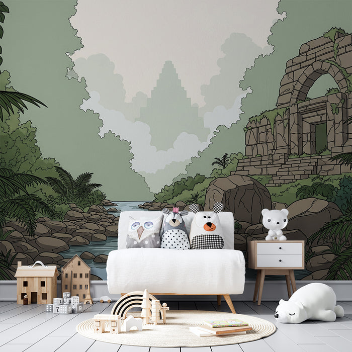 Kids' Room Wallpaper | Peaceful Jungle River with Ancient Ruins