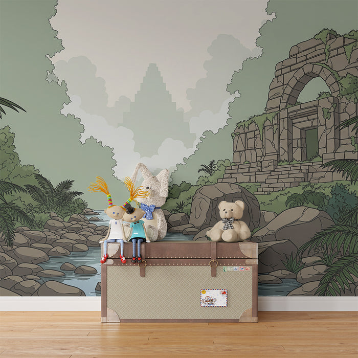 Kids' Room Wallpaper | Peaceful Jungle River with Ancient Ruins