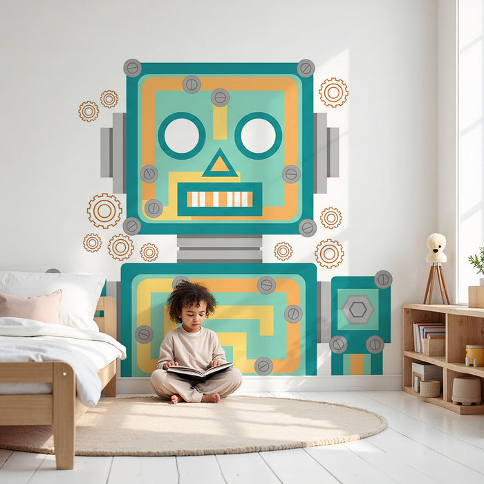 Kinderzimmer Tapete | Bunter Roboter mit lustigen Zahnrädern