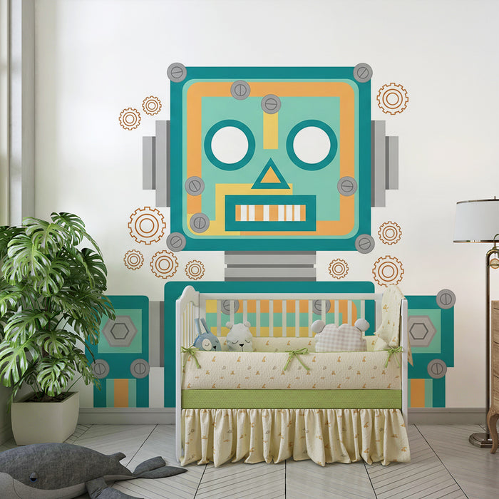 Kinderzimmer Tapete | Bunter Roboter mit lustigen Zahnrädern