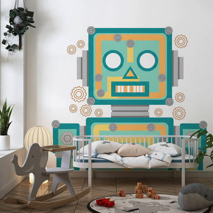 Kinderzimmer Tapete | Bunter Roboter mit lustigen Zahnrädern
