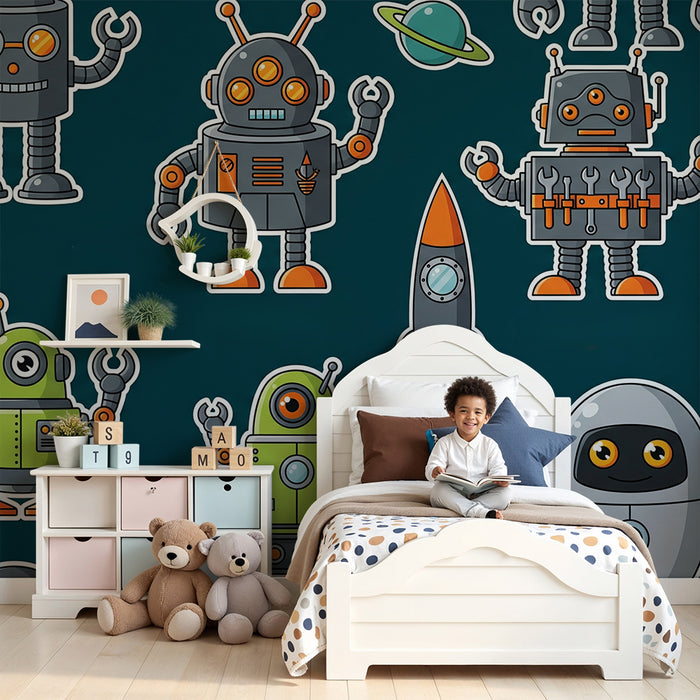 Kinderzimmer-Tapete | Bunte Roboter und Raketen im Weltall