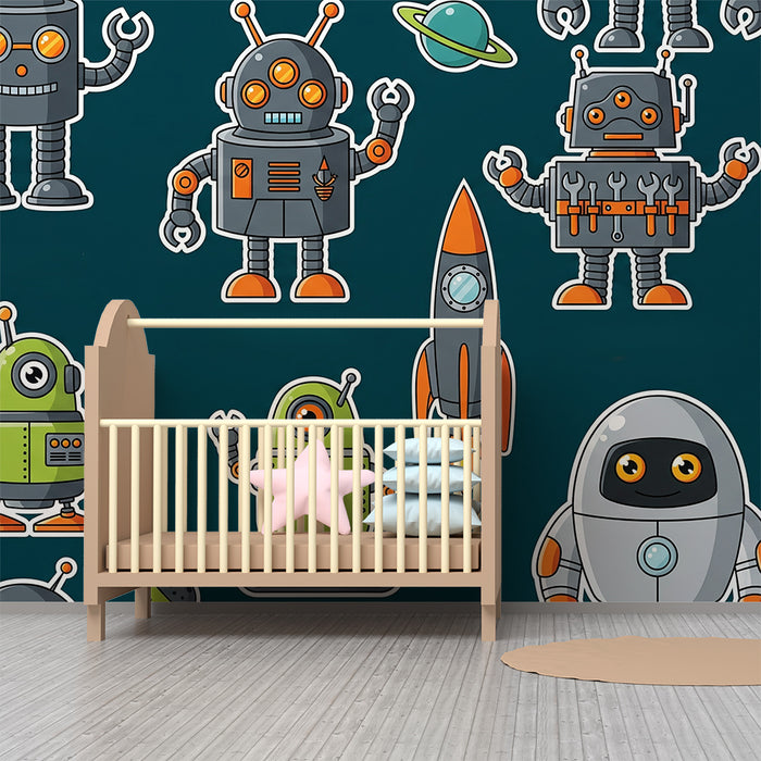 Kinderzimmer-Tapete | Bunte Roboter und Raketen im Weltall