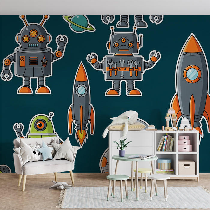 Kinderzimmer-Tapete | Bunte Roboter und Raketen im Weltall