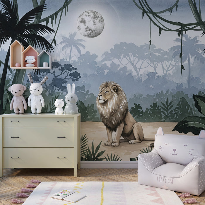 Papier peint chambre enfant | Roi lion dans la jungle nocturne