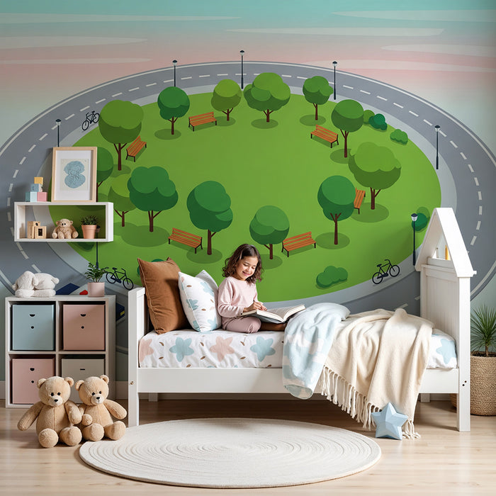 Kids' Room Wallpaper | Colorful Roundabout with Park and Vehicles