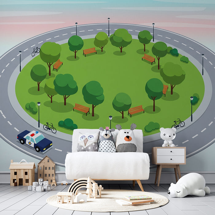 Kids' Room Wallpaper | Colorful Roundabout with Park and Vehicles
