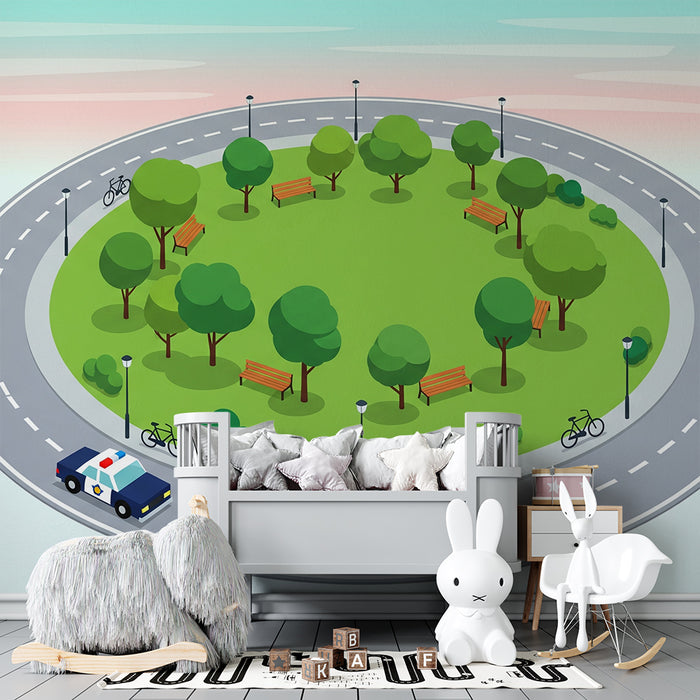 Kids' Room Wallpaper | Colorful Roundabout with Park and Vehicles