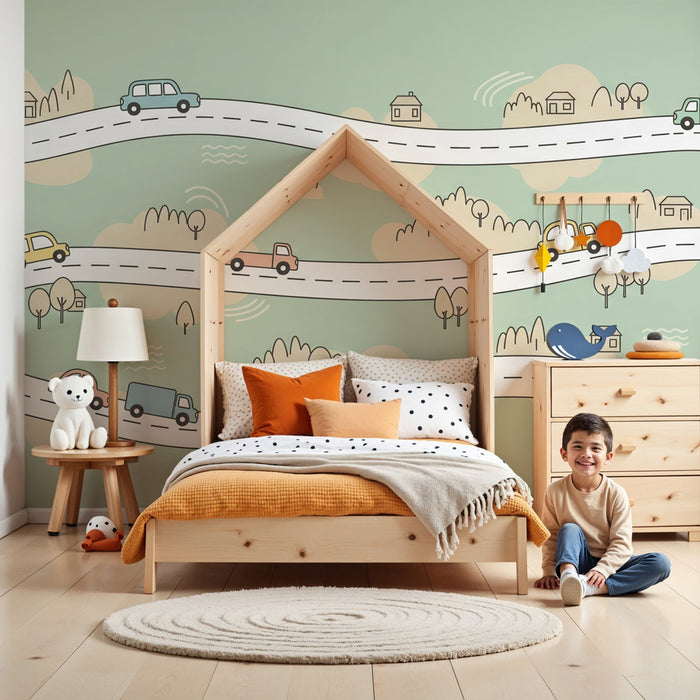 Papel pintado infantil | Ruta divertida y vehículos coloridos