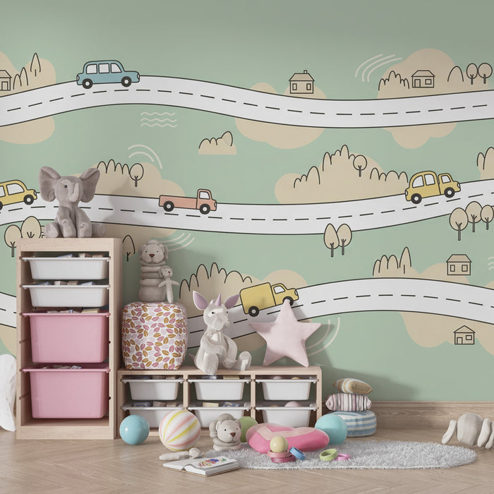 Papel pintado infantil | Ruta divertida y vehículos coloridos