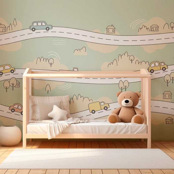 Papel pintado infantil | Ruta divertida y vehículos coloridos