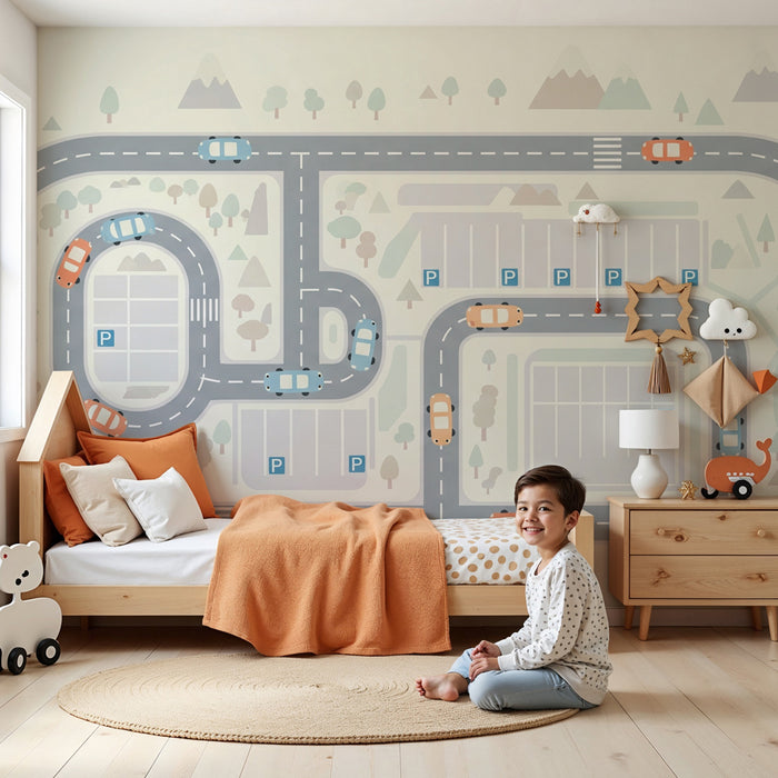 Papier peint chambre enfant | Route amusante pour petits conducteurs