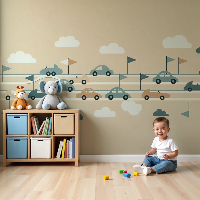 Papier peint chambre enfant | Route animée avec voitures colorées et drapeaux