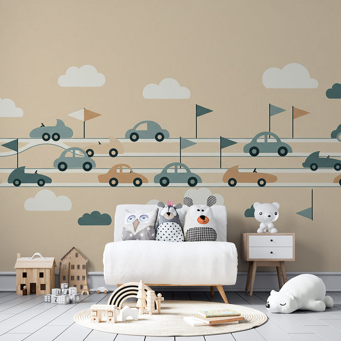 Papier peint chambre enfant | Route animée avec voitures colorées et drapeaux