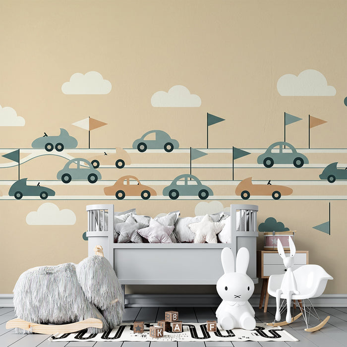Papier peint chambre enfant | Route animée avec voitures colorées et drapeaux