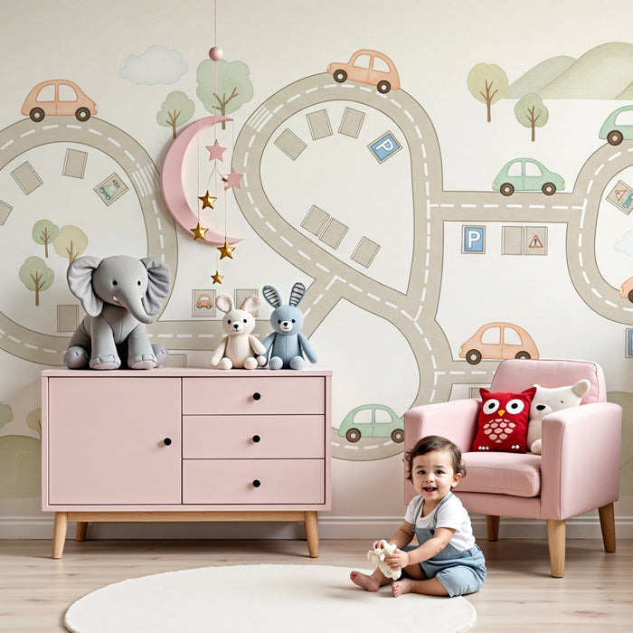 Papier peint chambre enfant | Route colorée en circuit et véhicules amusants