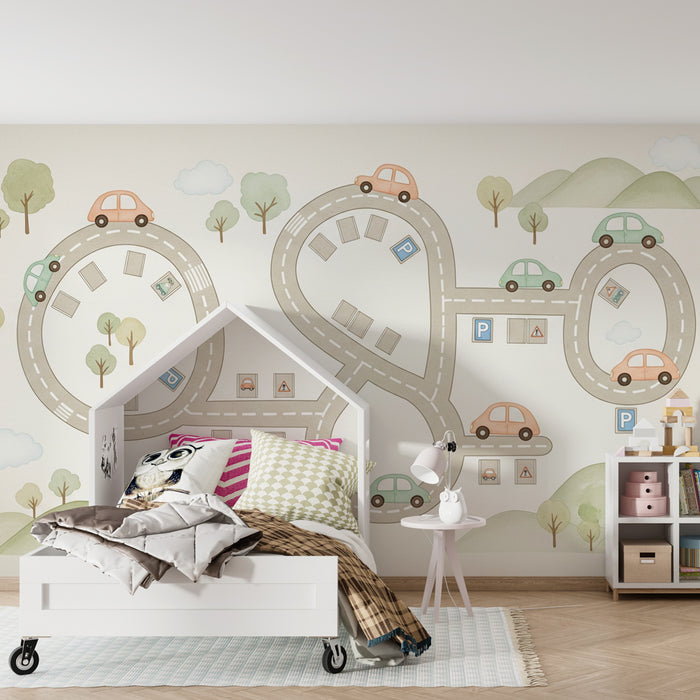 Papier peint chambre enfant | Route colorée en circuit et véhicules amusants