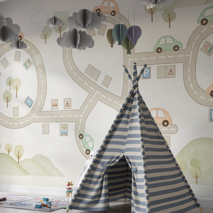 Papier peint chambre enfant | Route colorée en circuit et véhicules amusants