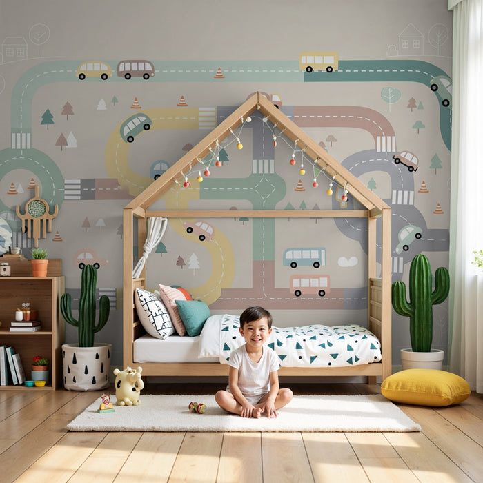 Papier peint chambre enfant | Route colorée et véhicules amusants