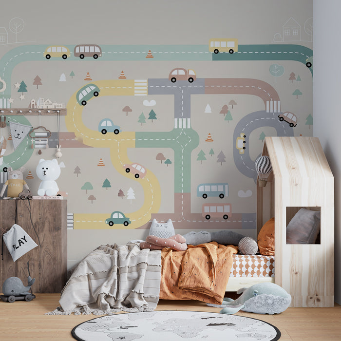 Papier peint chambre enfant | Route colorée et véhicules amusants