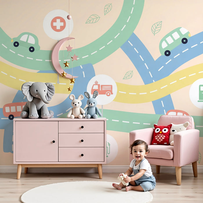 Papier peint chambre enfant | Route colorée et voitures amusantes