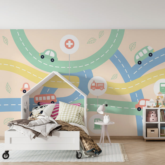 Papier peint chambre enfant | Route colorée et voitures amusantes