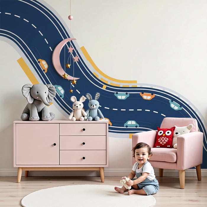 Papier peint chambre enfant | Route sinueuse avec des voitures colorées