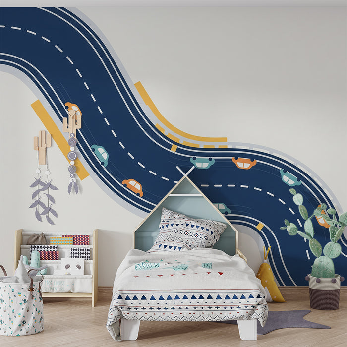 Papier peint chambre enfant | Route sinueuse avec des voitures colorées