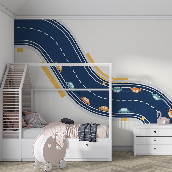 Papier peint chambre enfant | Route sinueuse avec des voitures colorées